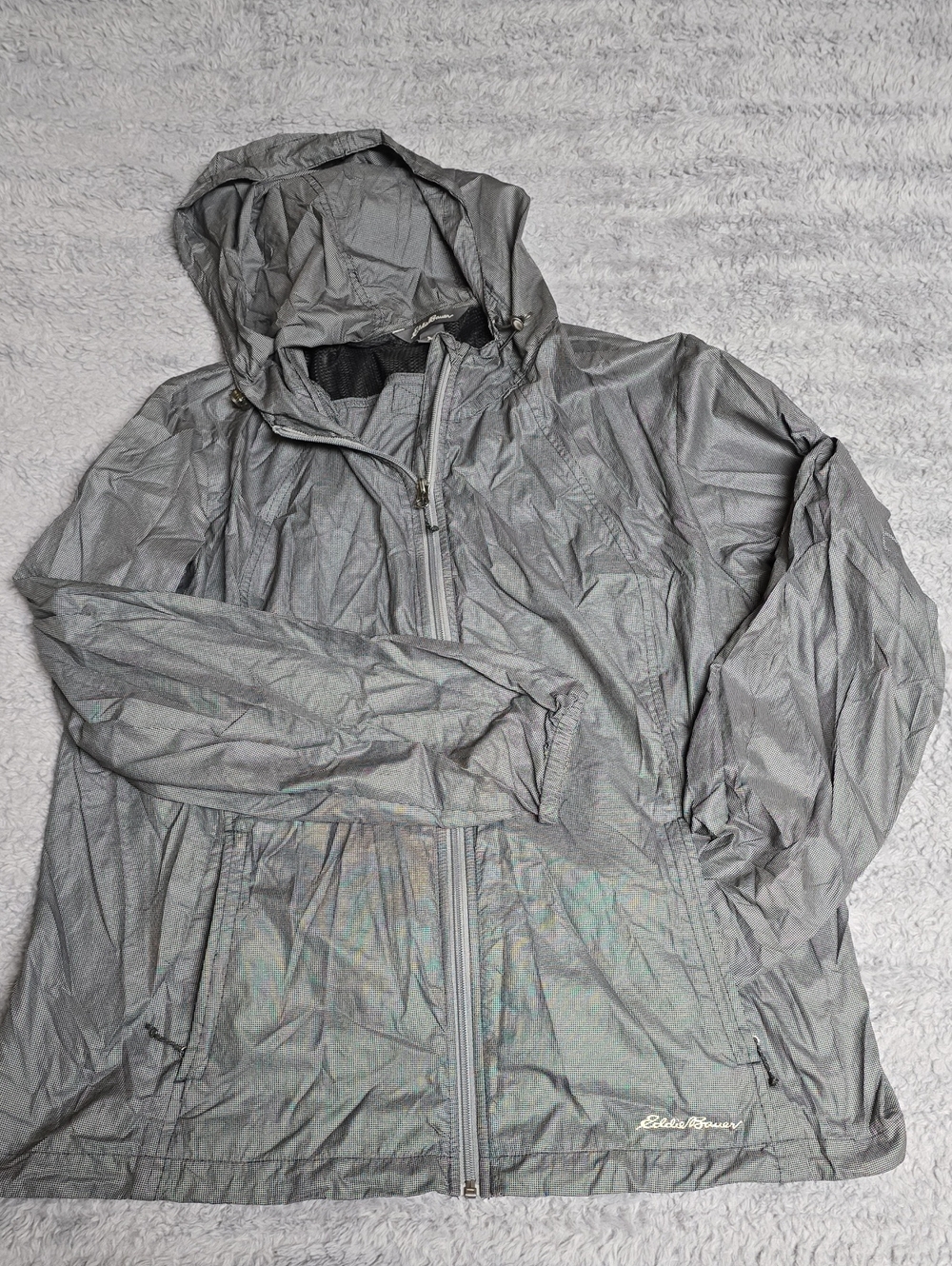 Eddie Bauer Men's Light Gray Hooded Rain Jacket